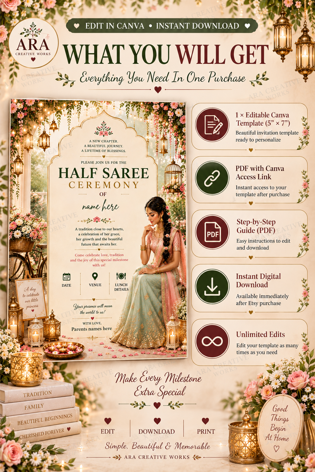 Floral Half Saree Ceremony Invitation | Editable Canva Template | Langa Voni Invitation | South Indian Ceremony Invite | Digital Download
