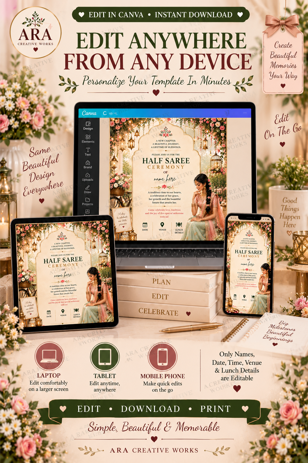 Floral Half Saree Ceremony Invitation | Editable Canva Template | Langa Voni Invitation | South Indian Ceremony Invite | Digital Download