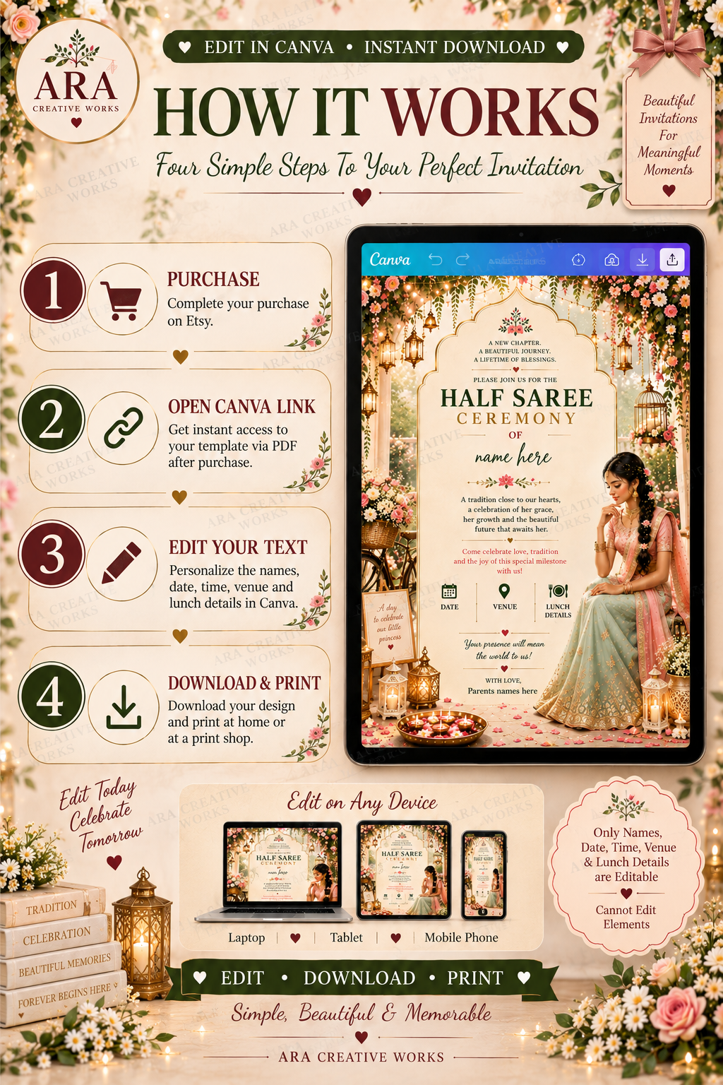 Floral Half Saree Ceremony Invitation | Editable Canva Template | Langa Voni Invitation | South Indian Ceremony Invite | Digital Download