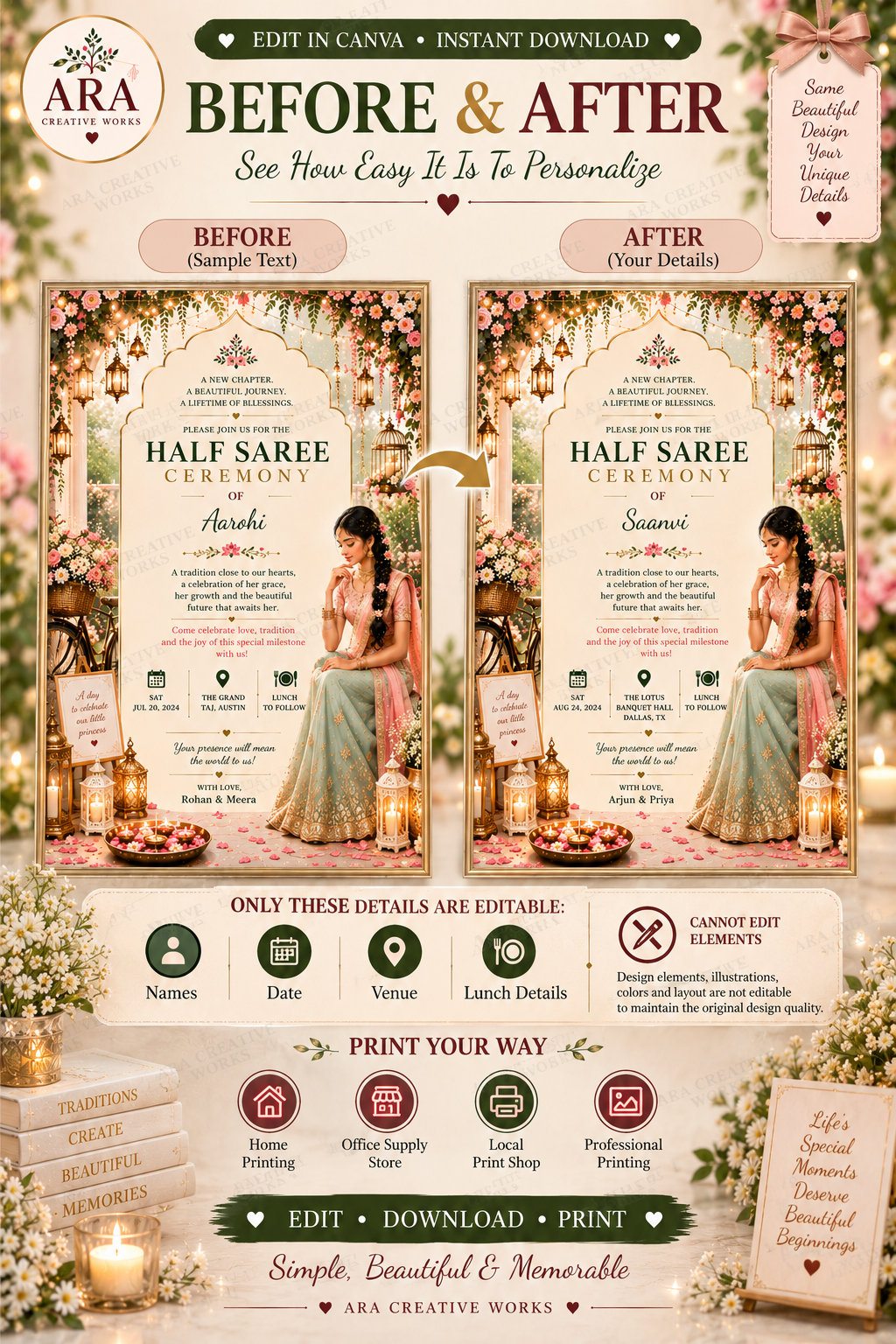 Floral Half Saree Ceremony Invitation | Editable Canva Template | Langa Voni Invitation | South Indian Ceremony Invite | Digital Download