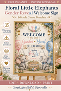Floral Little Elephants Gender Reveal Welcome Sign | Editable Canva Template | Pink Blue Elephant Baby Reveal Sign | Printable Welcome Sign