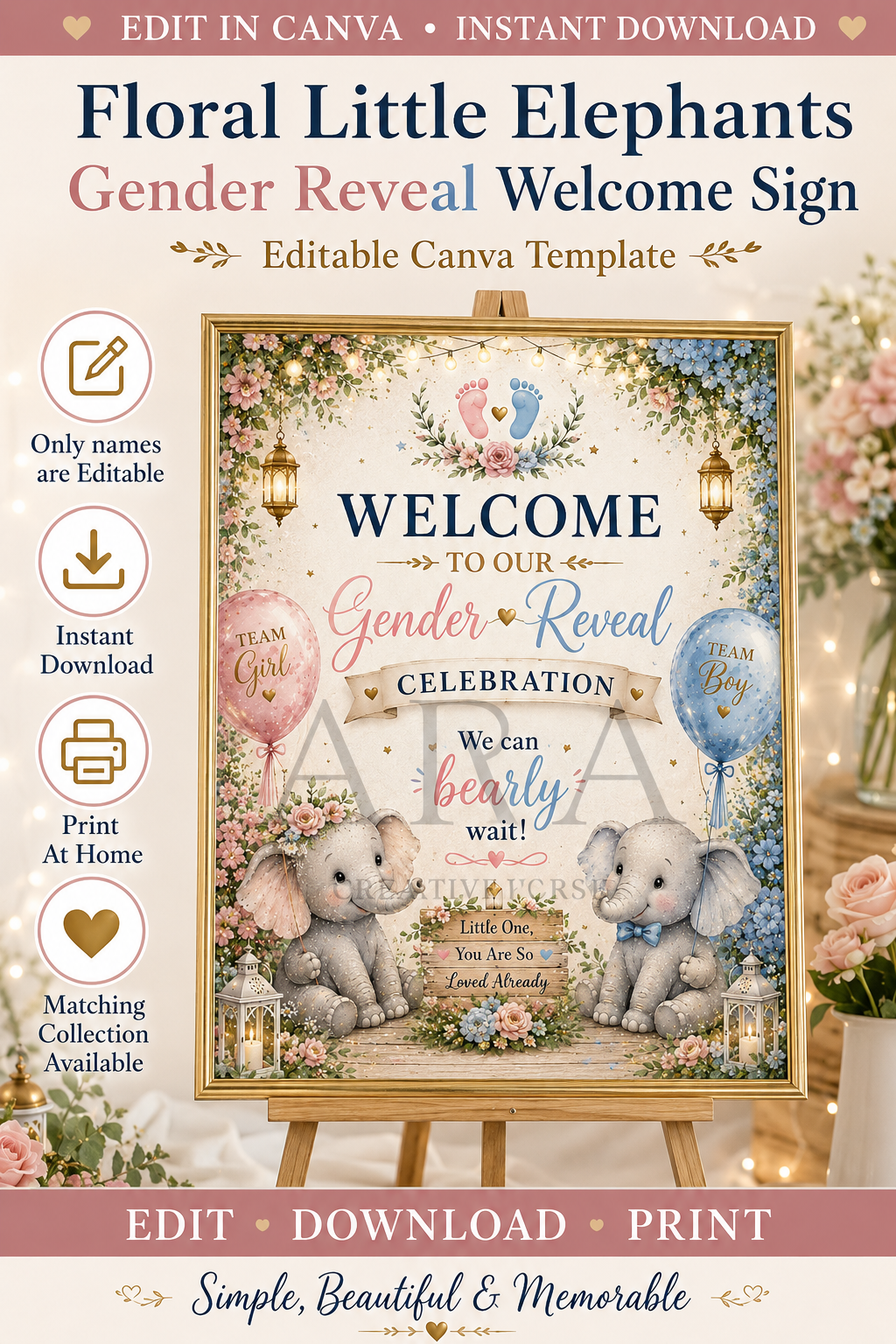 Floral Little Elephants Gender Reveal Welcome Sign | Editable Canva Template | Pink Blue Elephant Baby Reveal Sign | Printable Welcome Sign