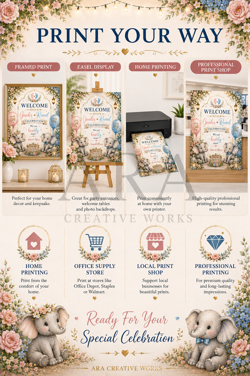 Floral Little Elephants Gender Reveal Welcome Sign | Editable Canva Template | Pink Blue Elephant Baby Reveal Sign | Printable Welcome Sign