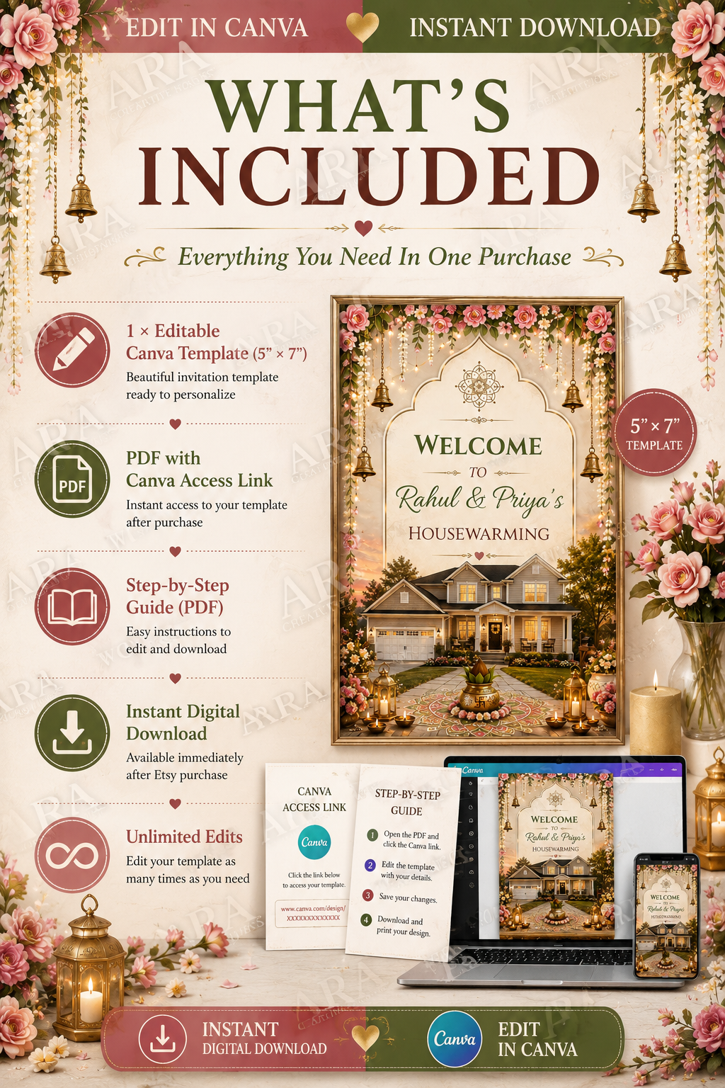 Floral Mandala Housewarming Welcome Sign, Editable Griha Pravesh Welcome Sign, Indian Housewarming Canva Template, Printable Welcome Board