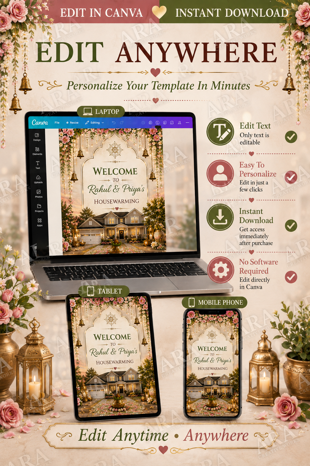 Floral Mandala Housewarming Welcome Sign, Editable Griha Pravesh Welcome Sign, Indian Housewarming Canva Template, Printable Welcome Board