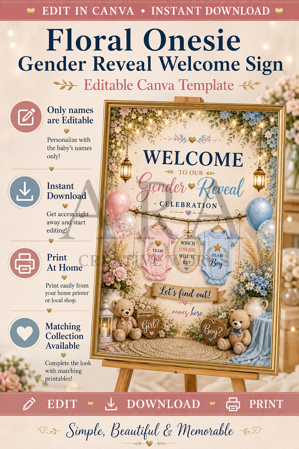 Floral Onesie Gender Reveal Welcome Sign | Editable Canva Template | Boy or Girl Gender Reveal Sign | Pink Blue Baby Reveal Decor