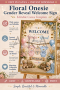 Floral Onesie Gender Reveal Welcome Sign | Editable Canva Template | Boy or Girl Gender Reveal Sign | Pink Blue Baby Reveal Decor