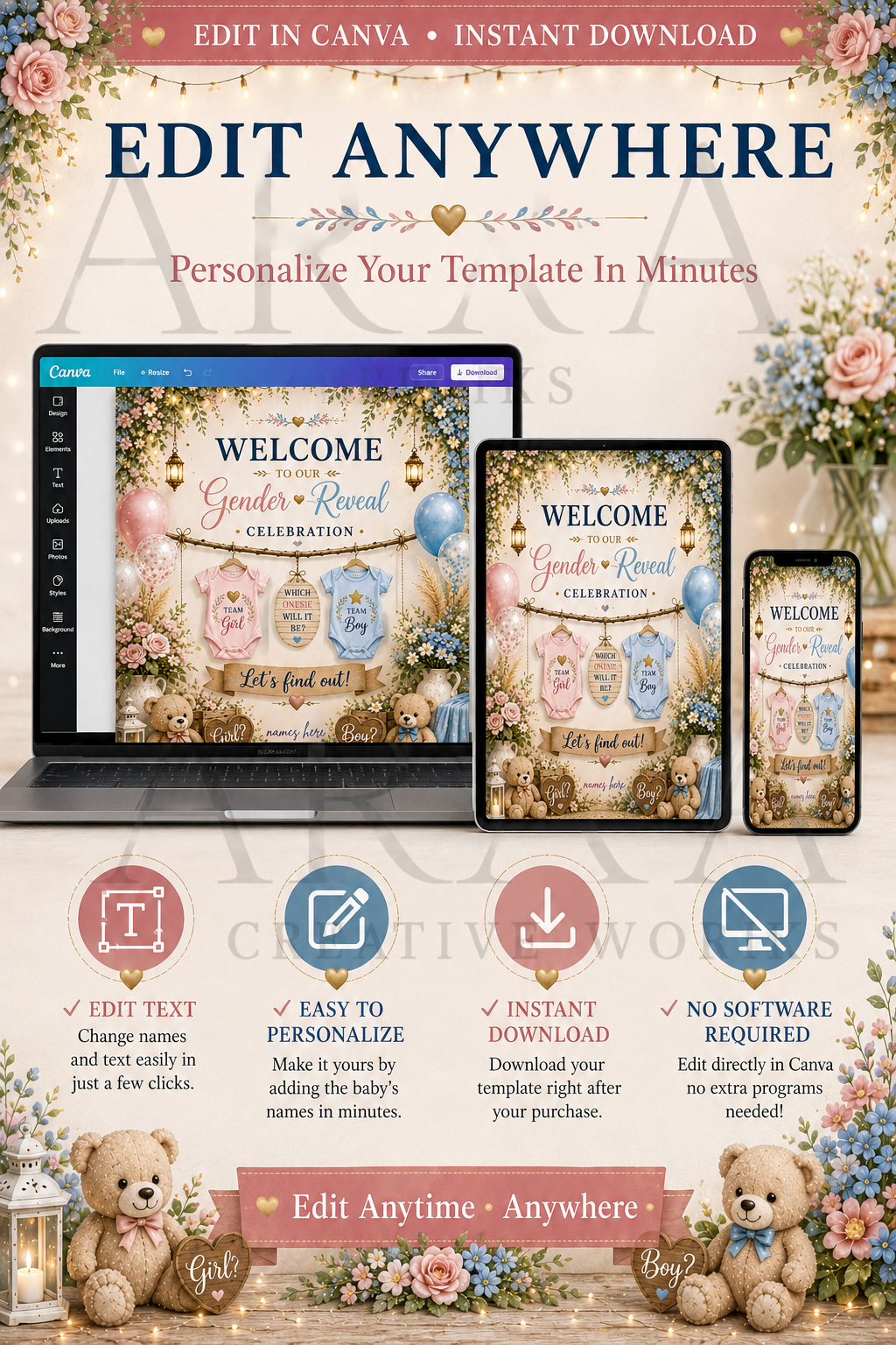 Floral Onesie Gender Reveal Welcome Sign | Editable Canva Template | Boy or Girl Gender Reveal Sign | Pink Blue Baby Reveal Decor