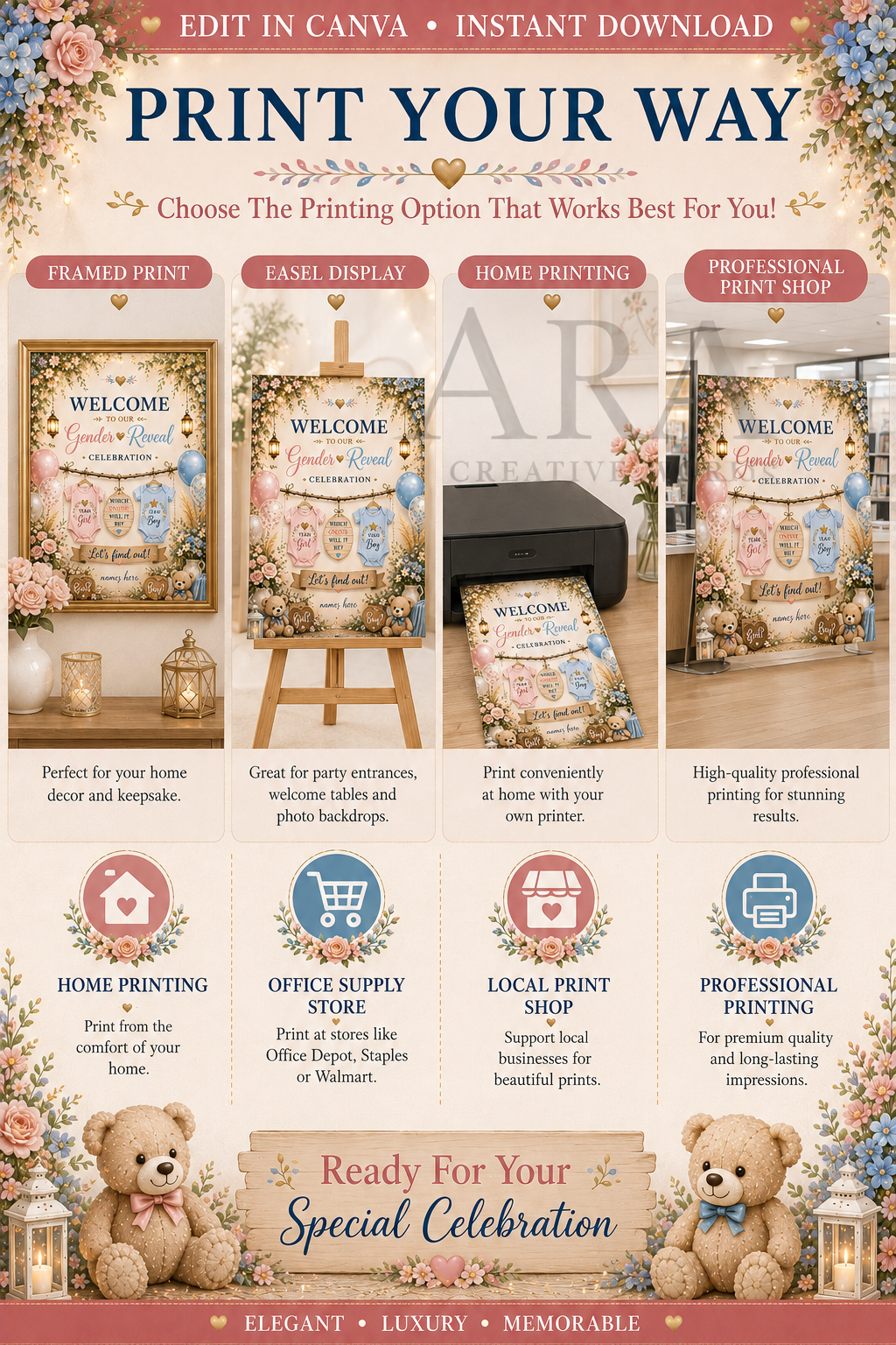 Floral Onesie Gender Reveal Welcome Sign | Editable Canva Template | Boy or Girl Gender Reveal Sign | Pink Blue Baby Reveal Decor