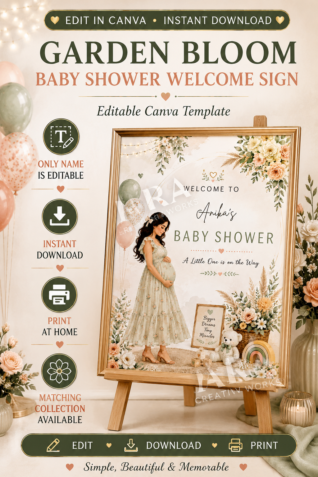 Garden Bloom Baby Shower Welcome Sign | Editable Canva Template | Floral Baby Shower Sign | Printable Welcome Sign | Instant Download