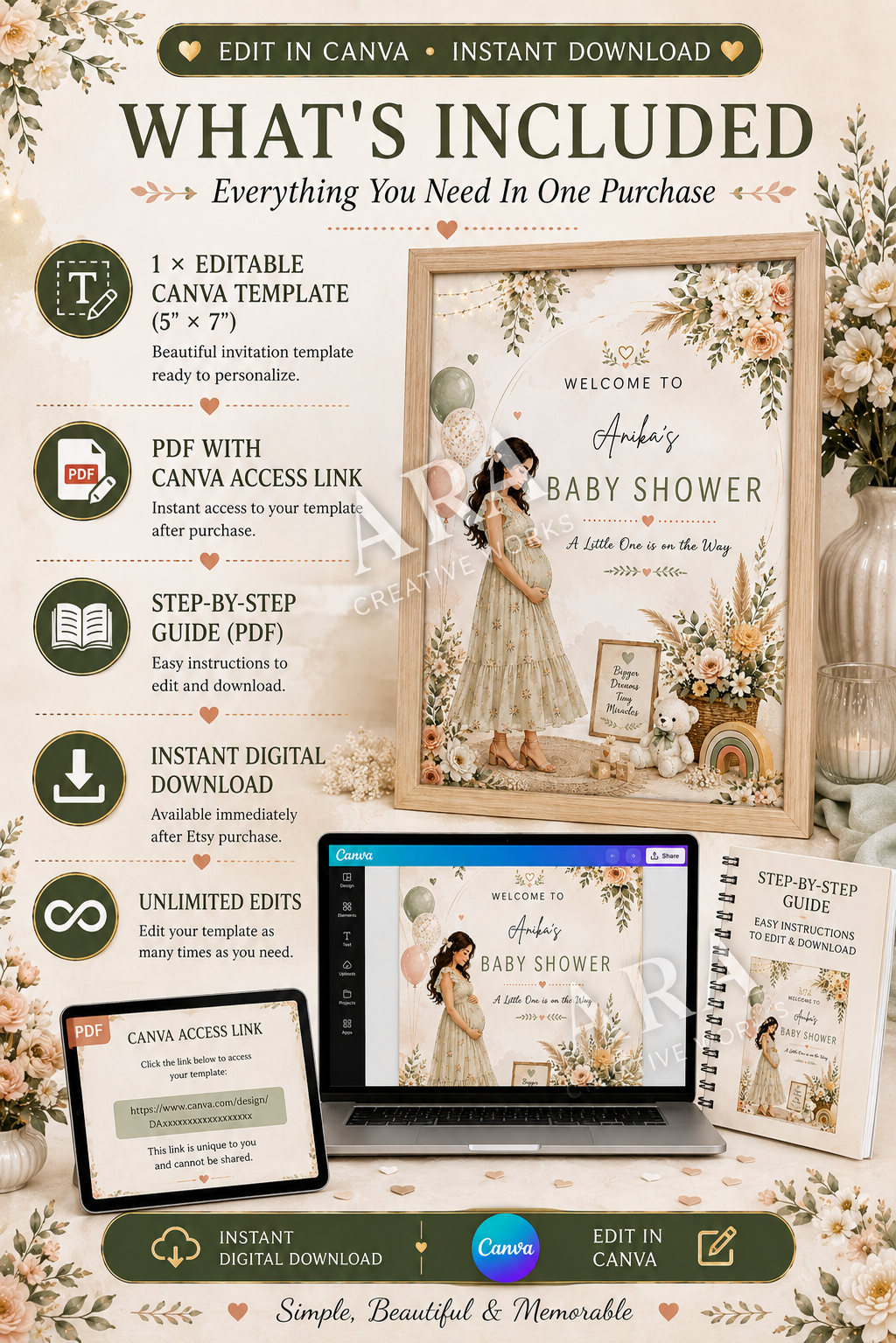 Garden Bloom Baby Shower Welcome Sign | Editable Canva Template | Floral Baby Shower Sign | Printable Welcome Sign | Instant Download