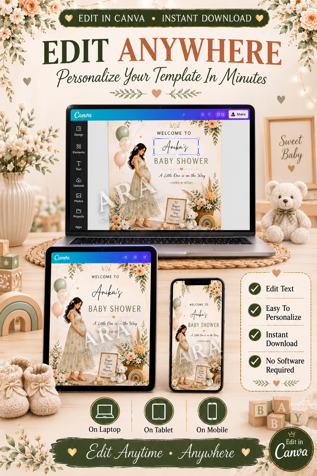 Garden Bloom Baby Shower Welcome Sign | Editable Canva Template | Floral Baby Shower Sign | Printable Welcome Sign | Instant Download