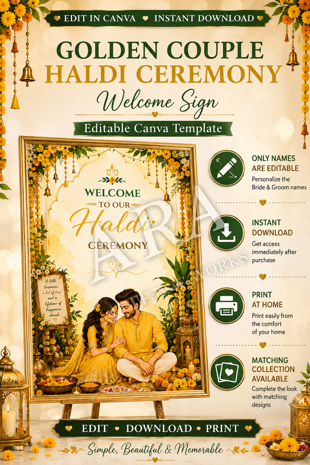 Golden Couple Haldi Ceremony Welcome Sign | Indian Haldi Welcome Sign | Editable Canva Template | Wedding Haldi Decor | Digital Download