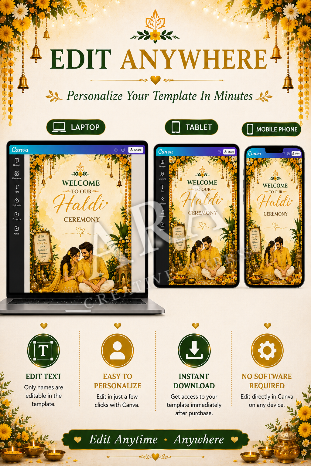Golden Couple Haldi Ceremony Welcome Sign | Indian Haldi Welcome Sign | Editable Canva Template | Wedding Haldi Decor | Digital Download