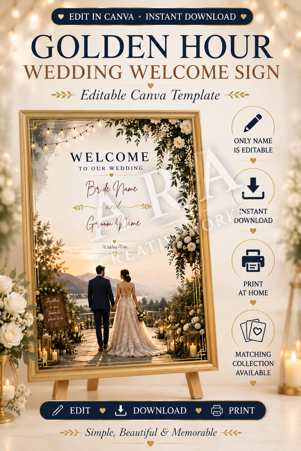 Golden Hour Wedding Welcome Sign | Editable Canva Wedding Sign | Bride and Groom Welcome Poster | Sunset Wedding Decor | Instant Download