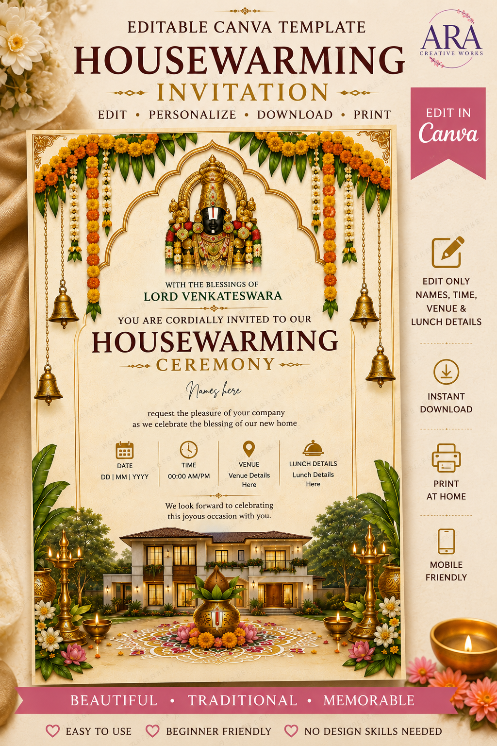Lord Venkateswara Housewarming Invitation Template | Editable Canva Invite | Gruha Pravesh Invitation