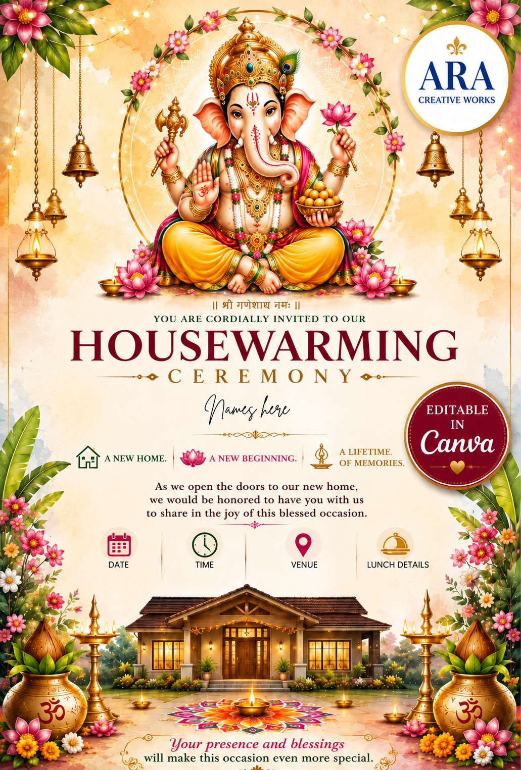 Ganesha Housewarming Invitation Template | Editable Canva Invite | Indian Gruha Pravesh Invitation | Digital Download