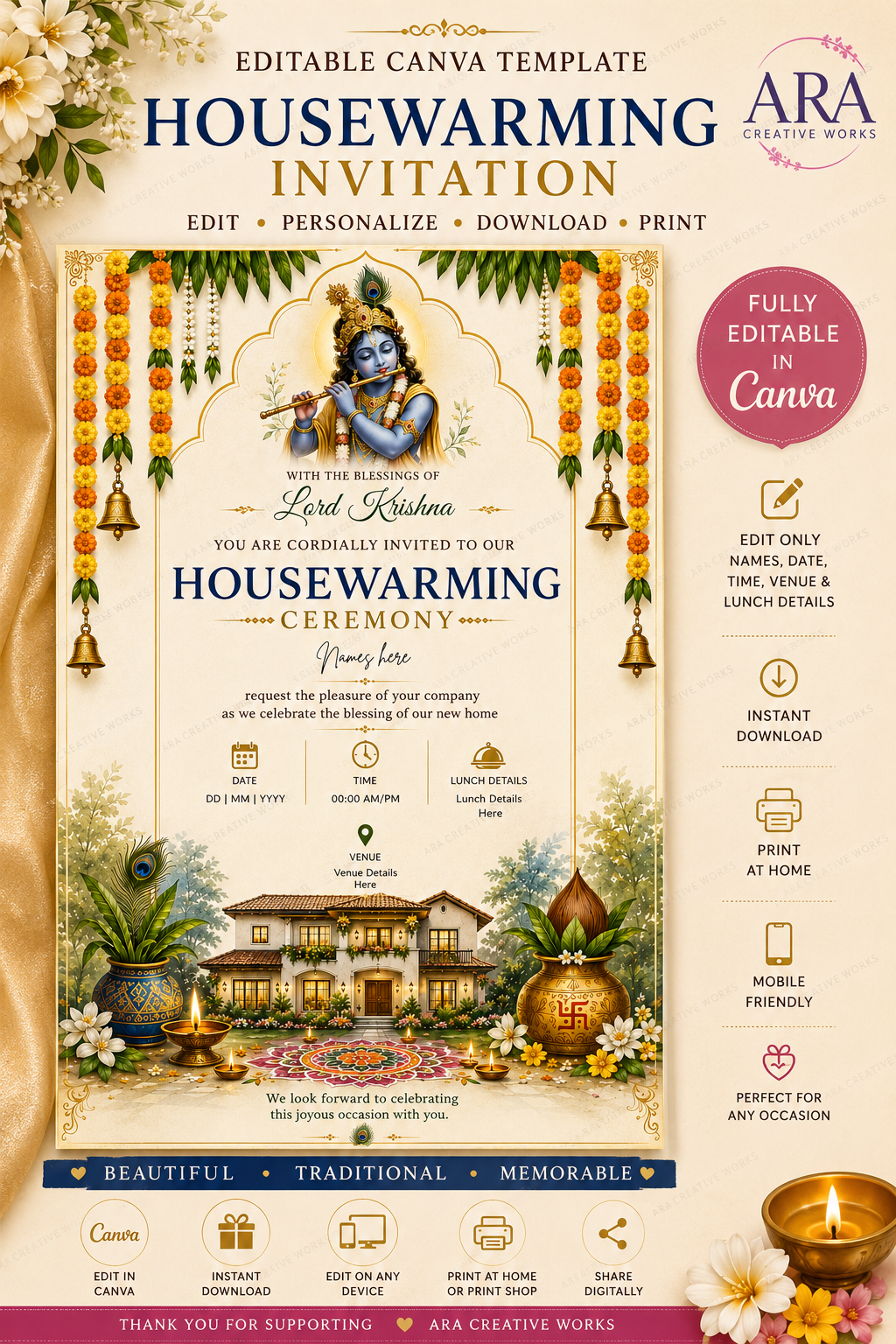 Lord Krishna Housewarming Invitation Template | Editable Canva Invite | Gruha Pravesh Invitation | Digital Download