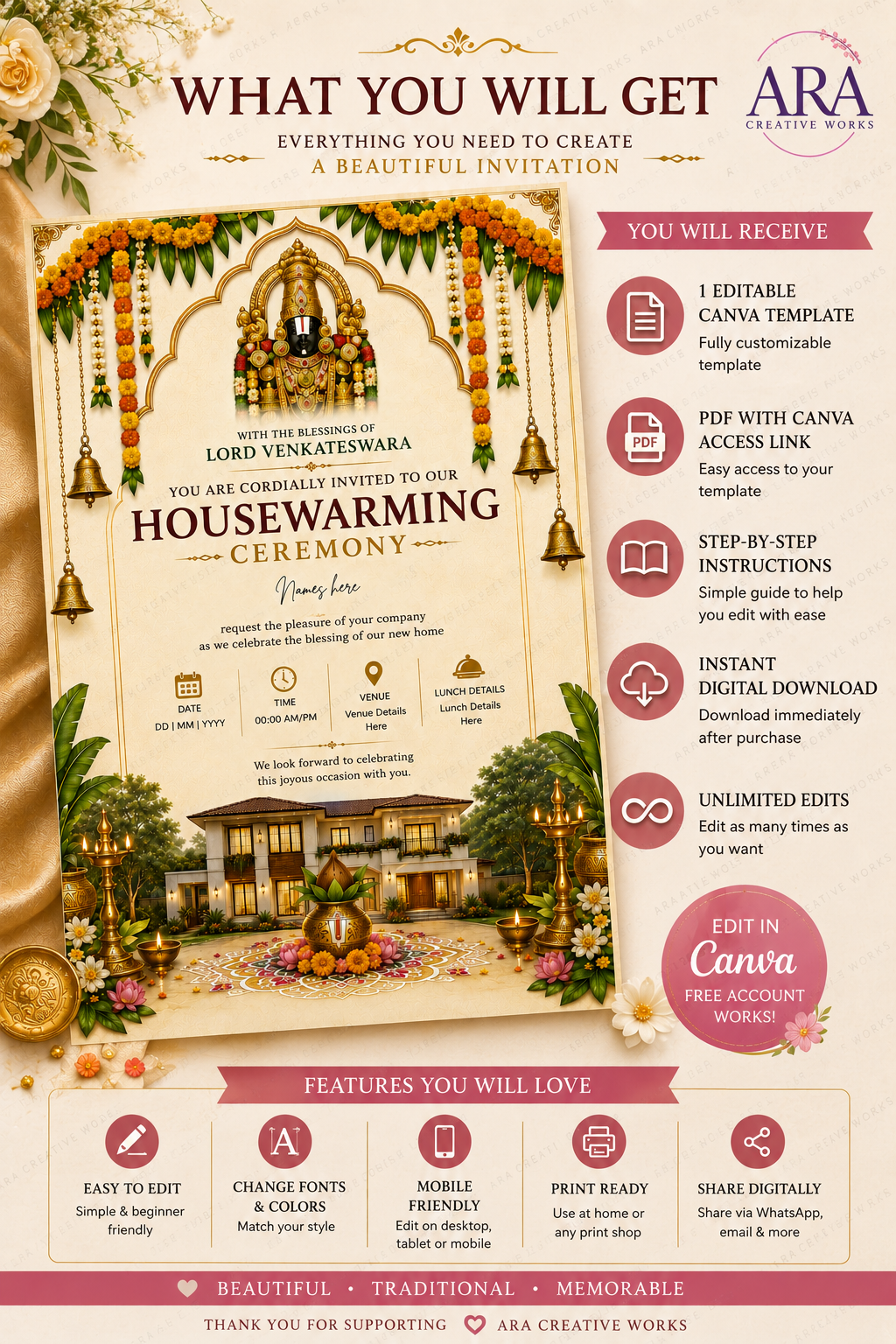 Lord Venkateswara Housewarming Invitation Template | Editable Canva Invite | Gruha Pravesh Invitation