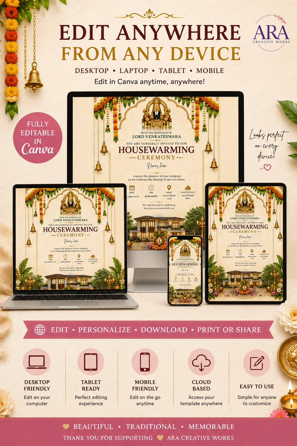 Lord Venkateswara Housewarming Invitation Template | Editable Canva Invite | Gruha Pravesh Invitation