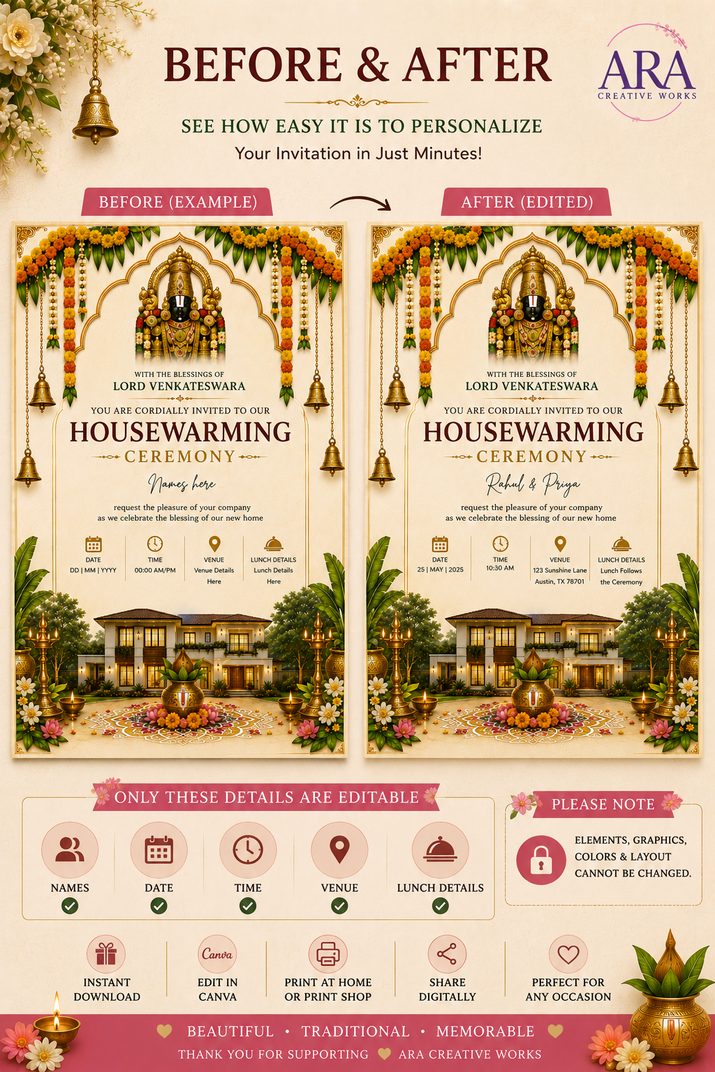 Lord Venkateswara Housewarming Invitation Template | Editable Canva Invite | Gruha Pravesh Invitation