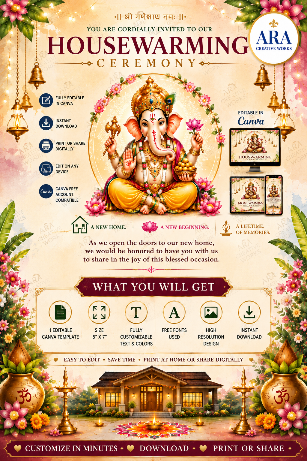 Ganesha Housewarming Invitation Template | Editable Canva Invite | Indian Gruha Pravesh Invitation | Digital Download