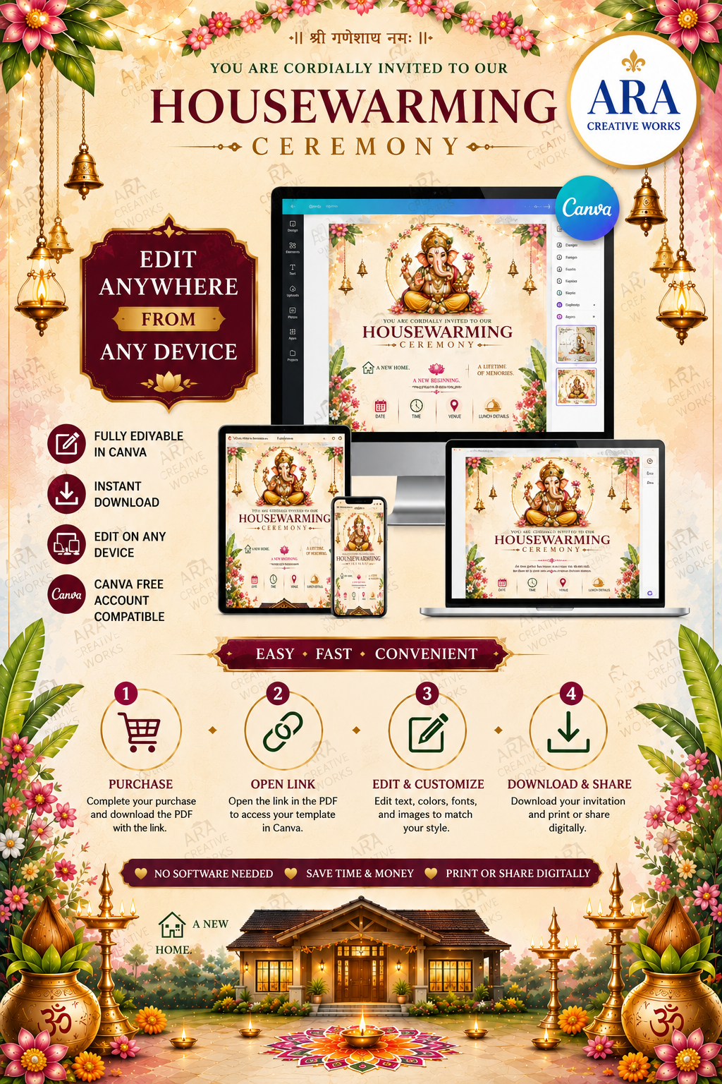 Ganesha Housewarming Invitation Template | Editable Canva Invite | Indian Gruha Pravesh Invitation | Digital Download