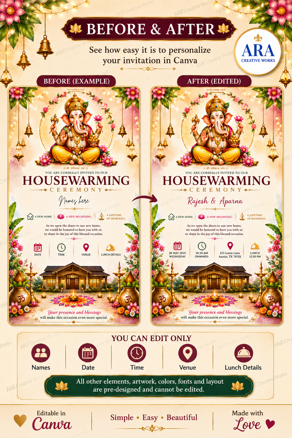 Ganesha Housewarming Invitation Template | Editable Canva Invite | Indian Gruha Pravesh Invitation | Digital Download