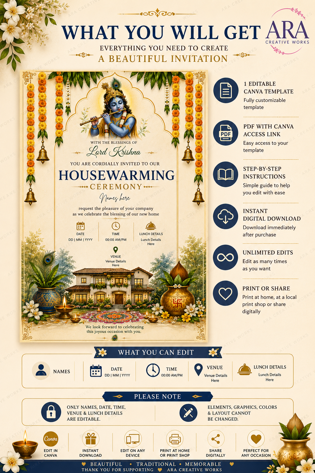 Lord Krishna Housewarming Invitation Template | Editable Canva Invite | Gruha Pravesh Invitation | Digital Download