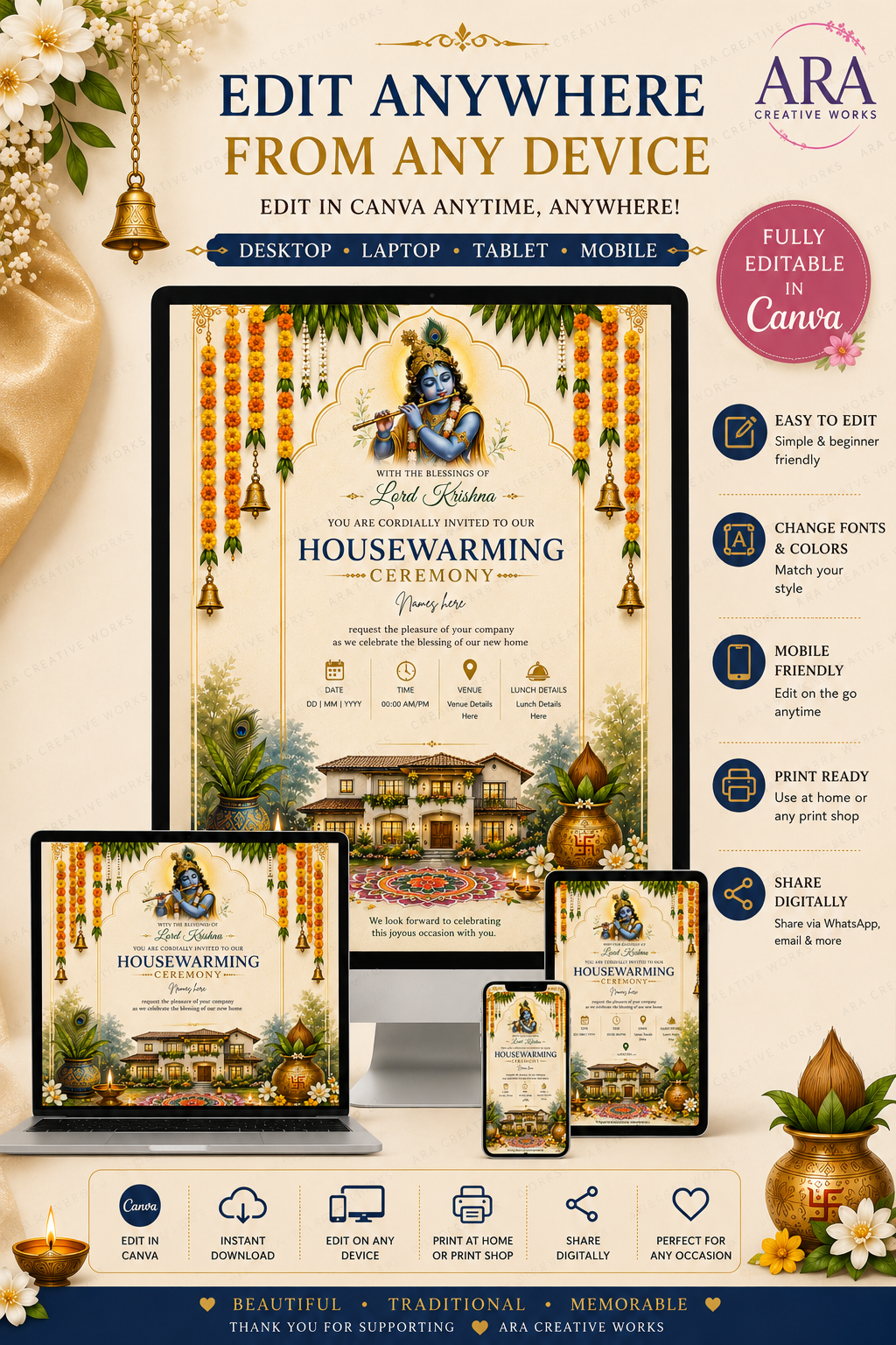 Lord Krishna Housewarming Invitation Template | Editable Canva Invite | Gruha Pravesh Invitation | Digital Download
