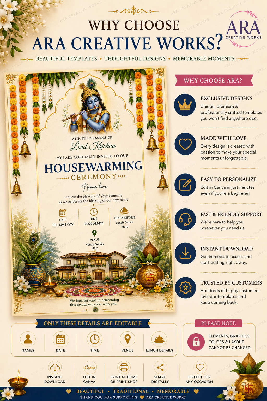 Lord Krishna Housewarming Invitation Template | Editable Canva Invite | Gruha Pravesh Invitation | Digital Download