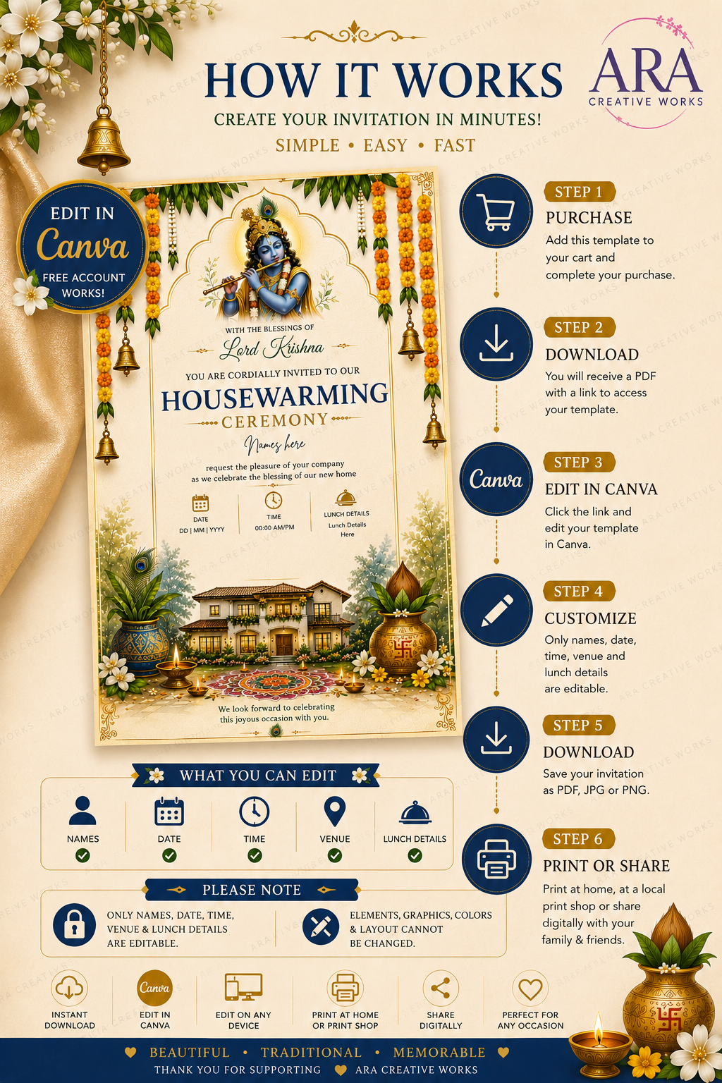 Lord Krishna Housewarming Invitation Template | Editable Canva Invite | Gruha Pravesh Invitation | Digital Download