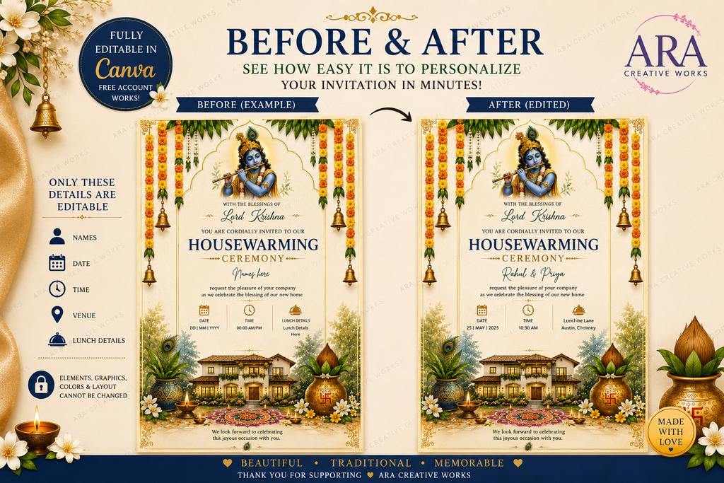 Lord Krishna Housewarming Invitation Template | Editable Canva Invite | Gruha Pravesh Invitation | Digital Download