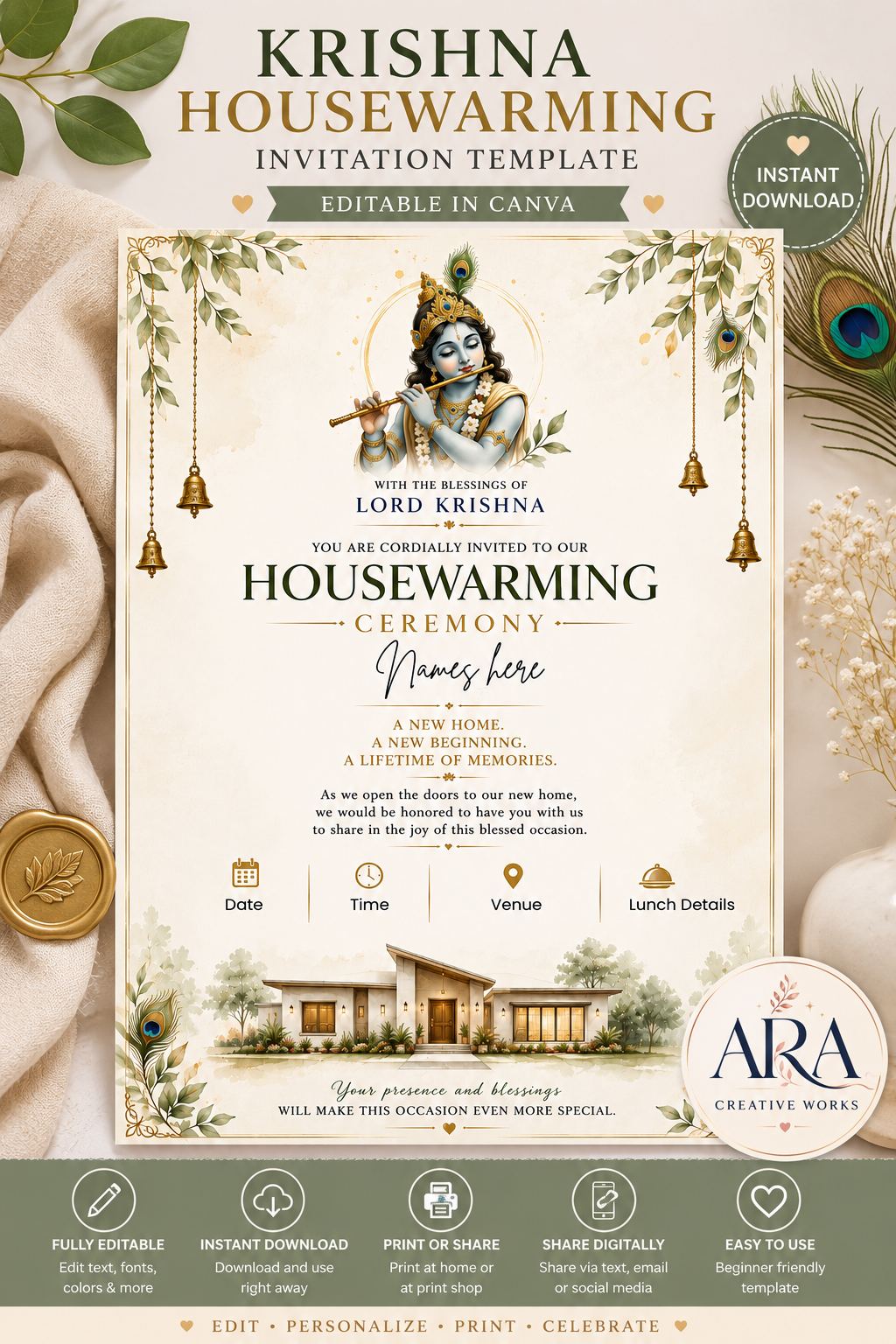 Lord Krishna Housewarming Invitation Template | Editable Canva Gruhapravesam Invitation | Digital Download