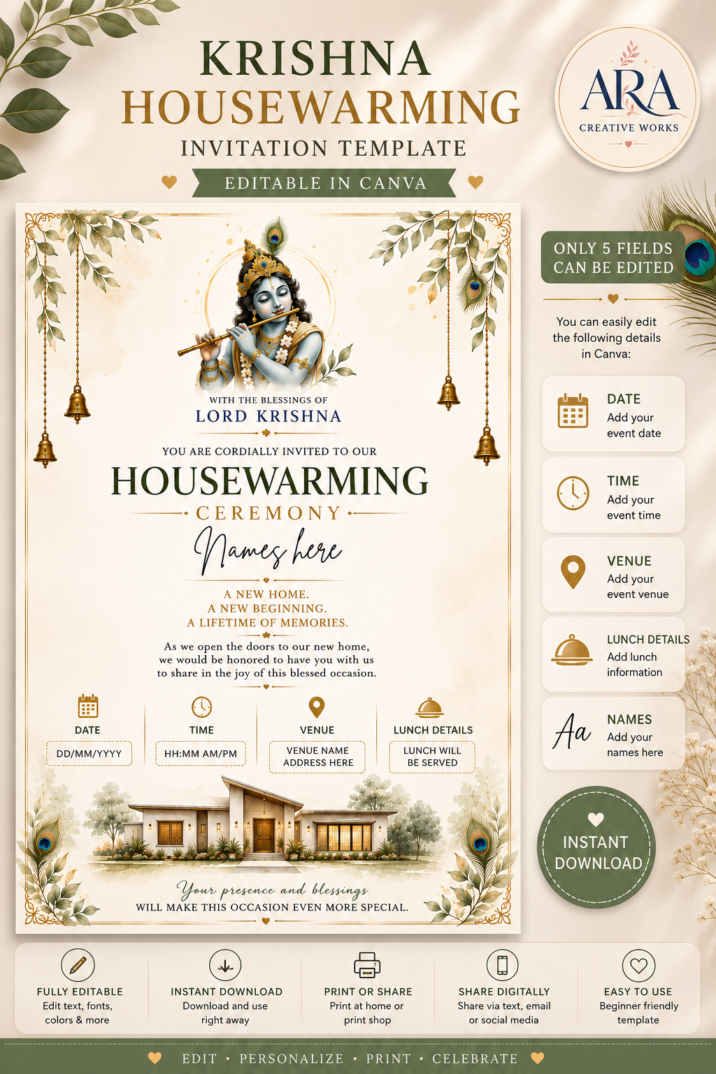Lord Krishna Housewarming Invitation Template | Editable Canva Gruhapravesam Invitation | Digital Download