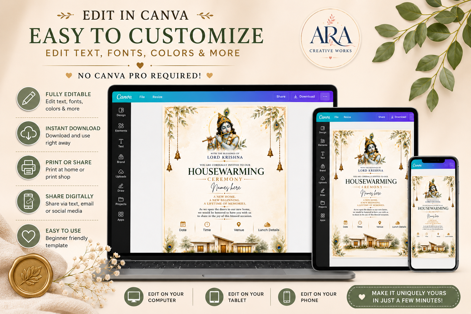 Lord Krishna Housewarming Invitation Template | Editable Canva Gruhapravesam Invitation | Digital Download
