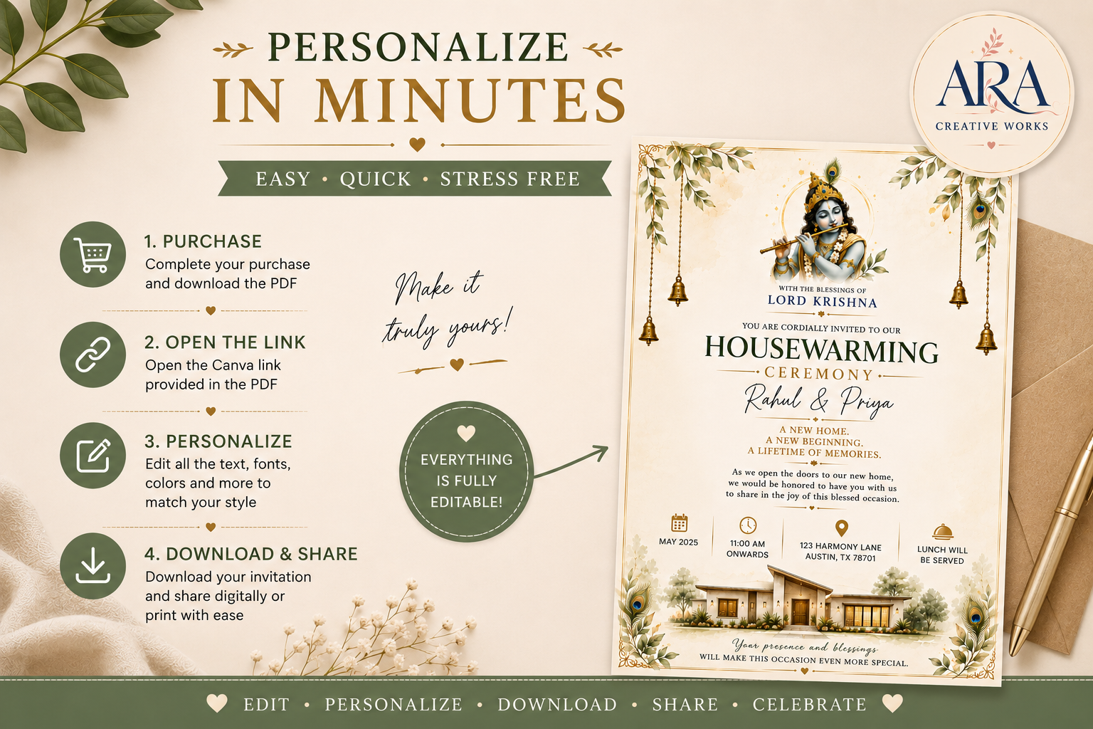 Lord Krishna Housewarming Invitation Template | Editable Canva Gruhapravesam Invitation | Digital Download