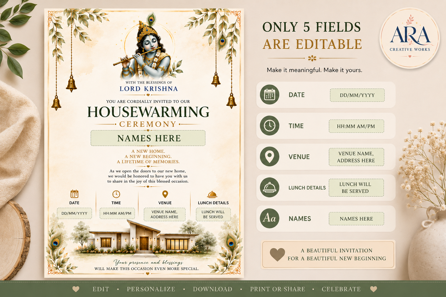 Lord Krishna Housewarming Invitation Template | Editable Canva Gruhapravesam Invitation | Digital Download