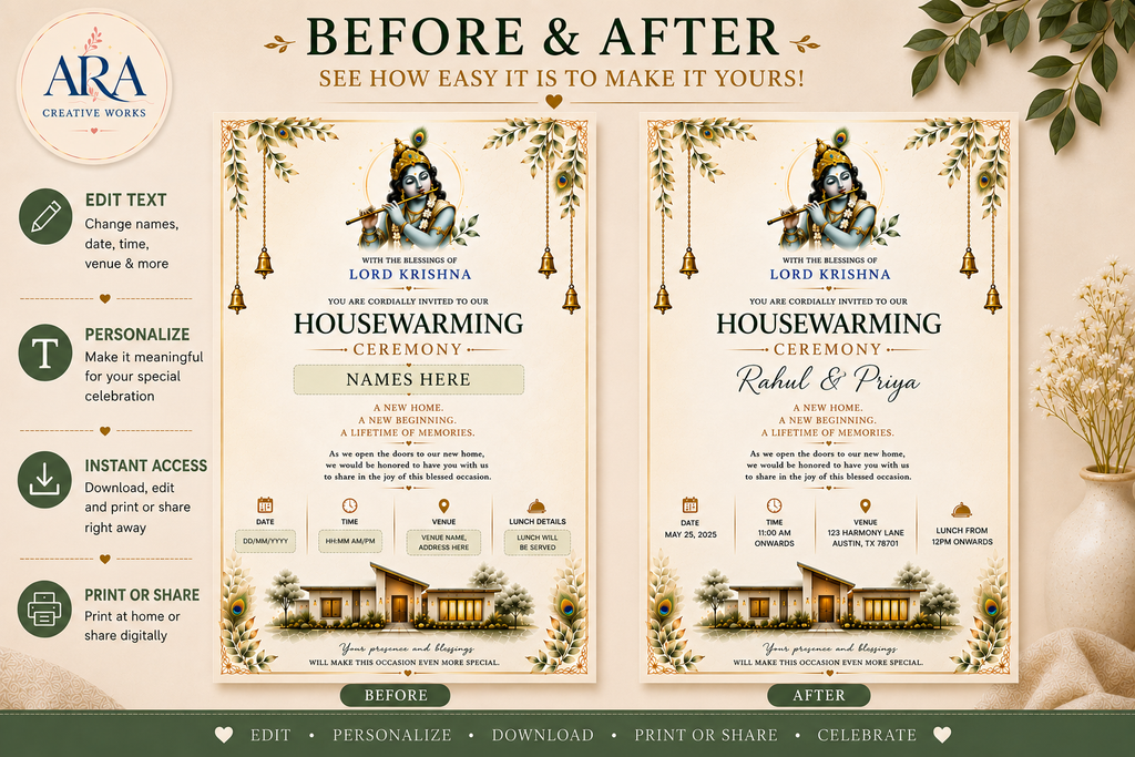 Lord Krishna Housewarming Invitation Template | Editable Canva Gruhapravesam Invitation | Digital Download
