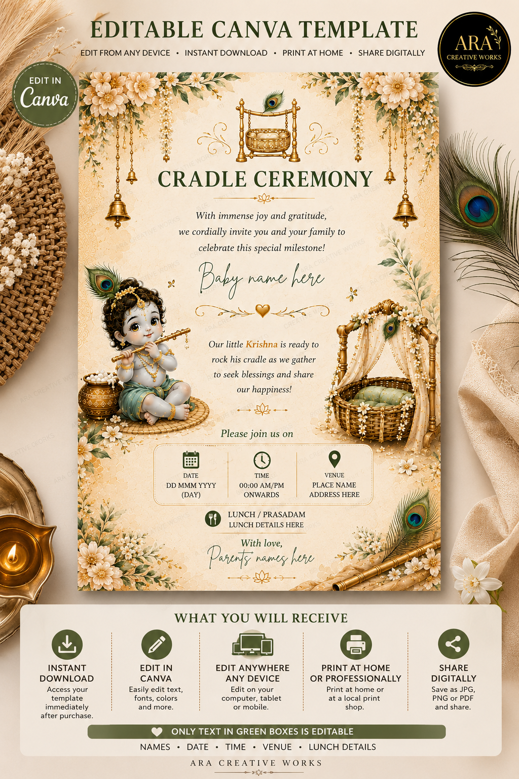 Traditional Krishna Cradle Ceremony Invitation | Editable Canva Template | Marigold Baby Naming Ceremony Invite | Instant Download