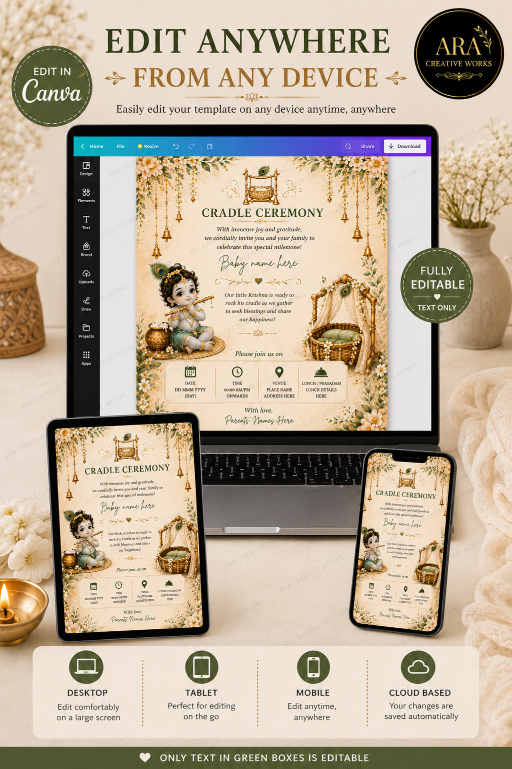 Traditional Krishna Cradle Ceremony Invitation | Editable Canva Template | Marigold Baby Naming Ceremony Invite | Instant Download