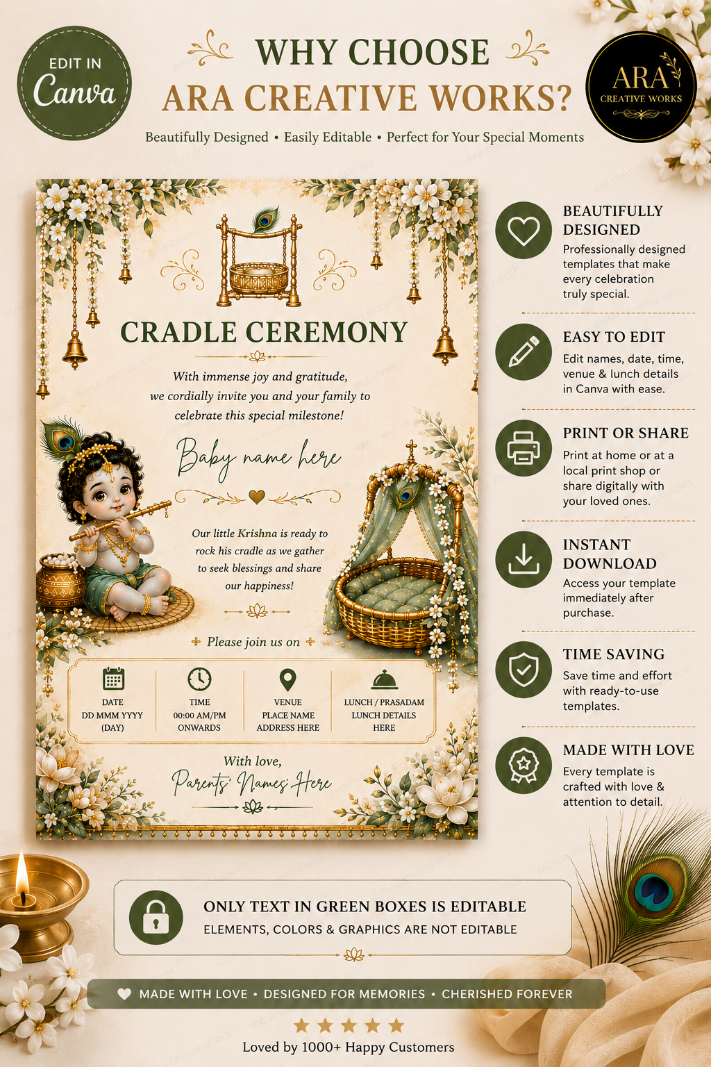 Traditional Krishna Cradle Ceremony Invitation | Editable Canva Template | Marigold Baby Naming Ceremony Invite | Instant Download