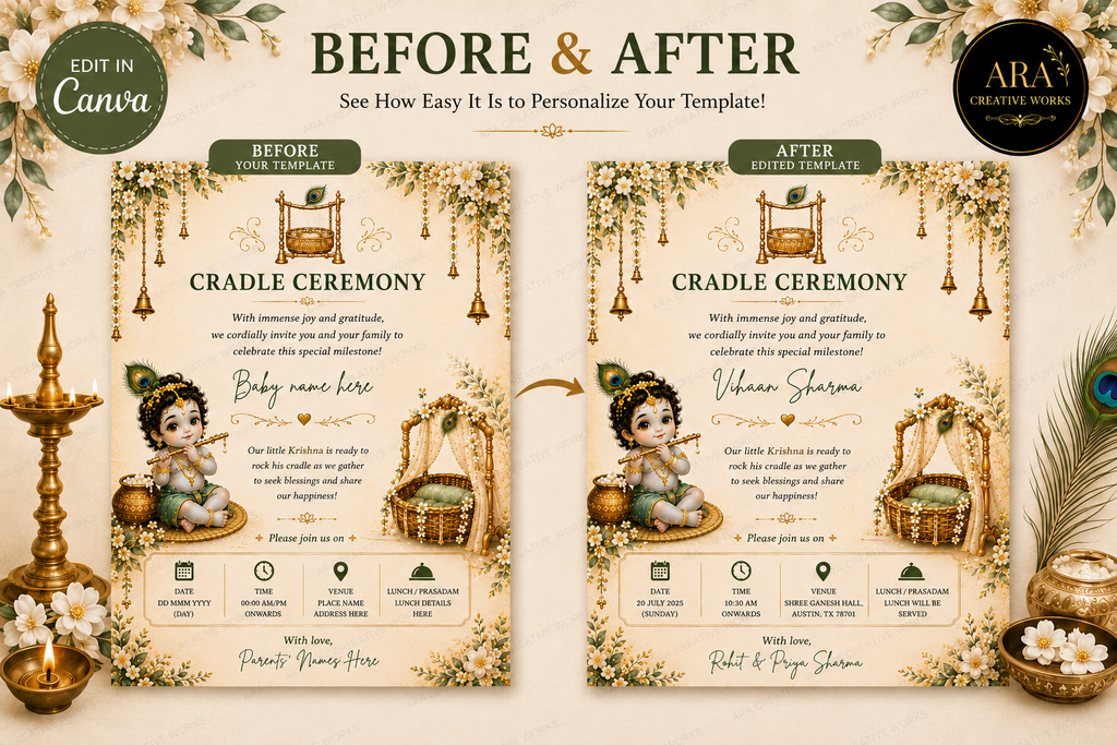Traditional Krishna Cradle Ceremony Invitation | Editable Canva Template | Marigold Baby Naming Ceremony Invite | Instant Download