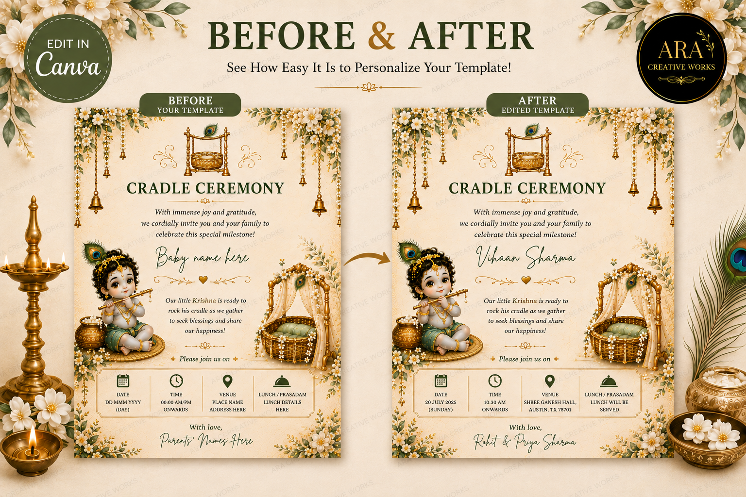 Traditional Krishna Cradle Ceremony Invitation | Editable Canva Template | Marigold Baby Naming Ceremony Invite | Instant Download