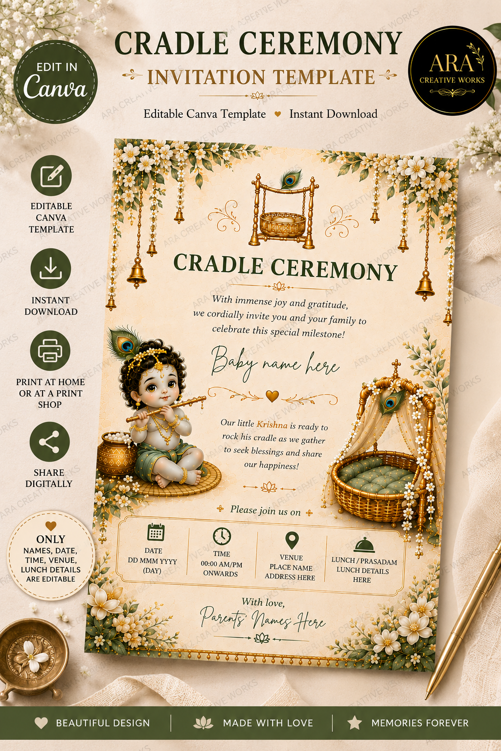 Traditional Krishna Cradle Ceremony Invitation | Editable Canva Template | Marigold Baby Naming Ceremony Invite | Instant Download