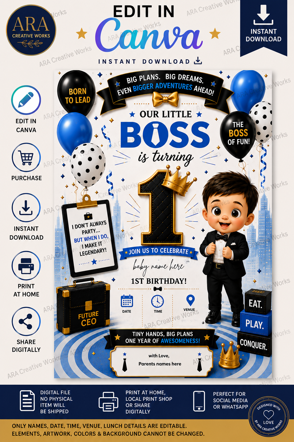 Little Boss 1st Birthday Invitation Template | Editable Canva Birthday Invitation | Instant Digital Download