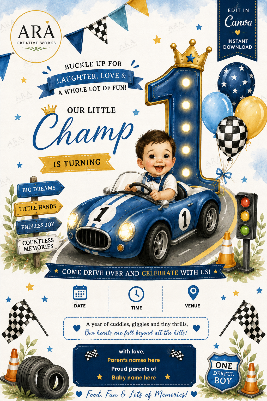 Little Champ Race Car 1st Birthday Invitation Template | Editable Canva Birthday Invite | Instant Digital Download