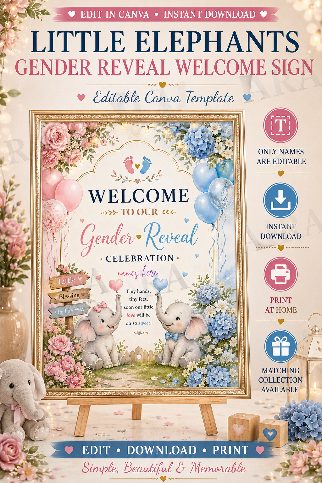 Little Elephants Gender Reveal Welcome Sign | Editable Canva Template | Pink Blue Baby Reveal Sign | Printable Gender Reveal Decor