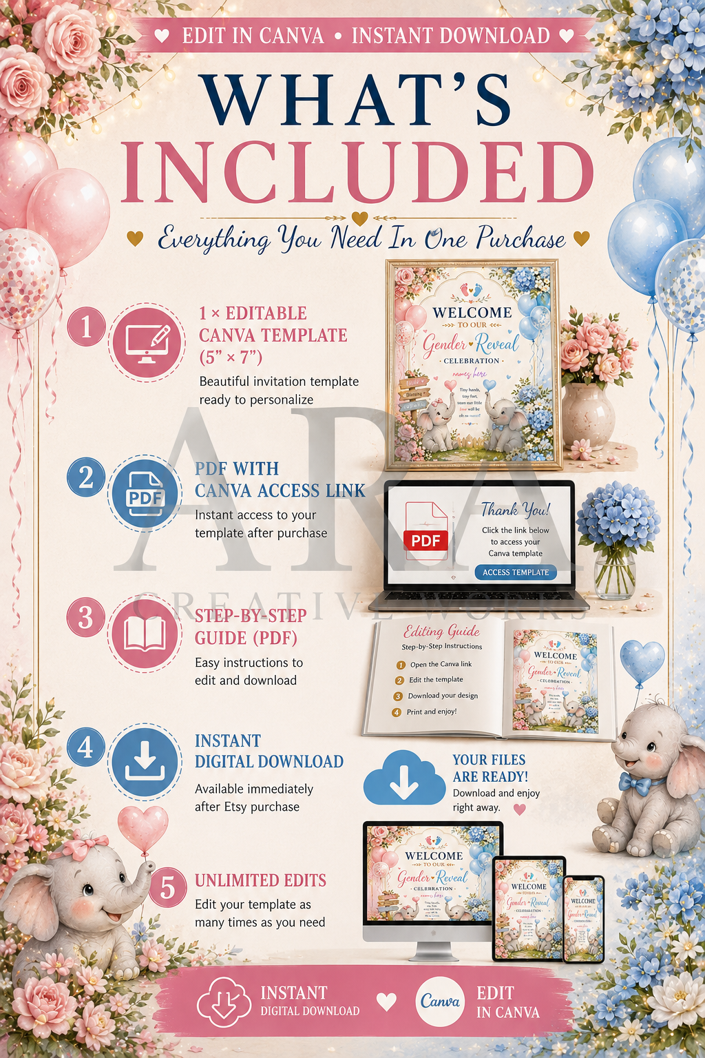 Little Elephants Gender Reveal Welcome Sign | Editable Canva Template | Pink Blue Baby Reveal Sign | Printable Gender Reveal Decor