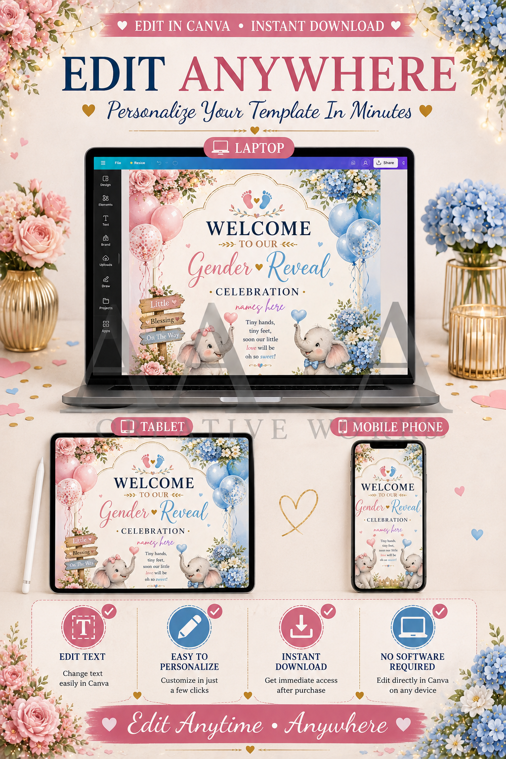 Little Elephants Gender Reveal Welcome Sign | Editable Canva Template | Pink Blue Baby Reveal Sign | Printable Gender Reveal Decor
